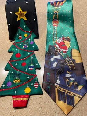 Festive Christmas Tree & Santa Silk Neckties - Green, Red, Gold